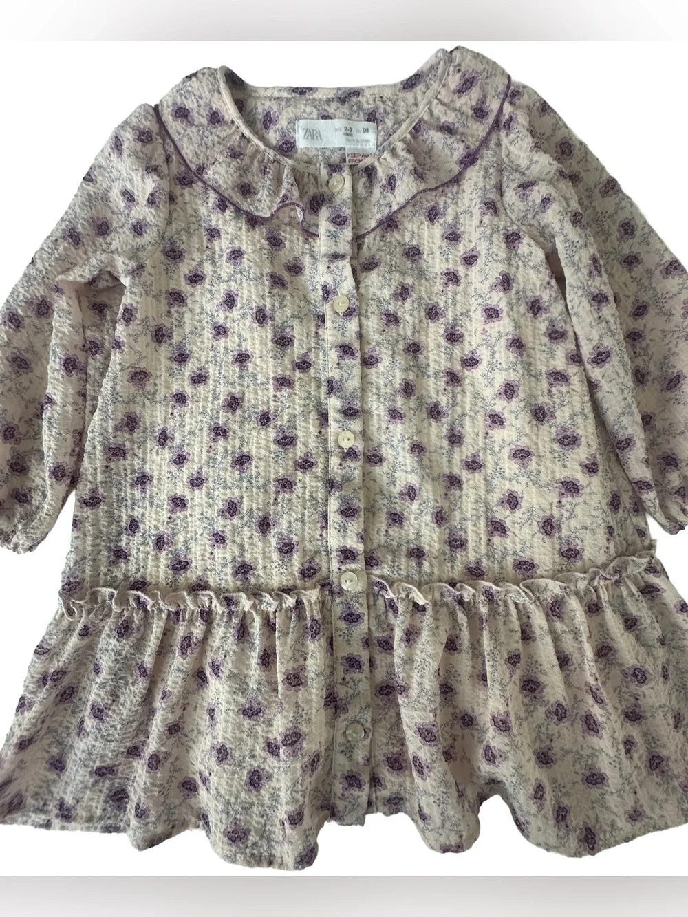 Zara girl’s Cream Dress with Purple Floral Print.  Size 2-3T.